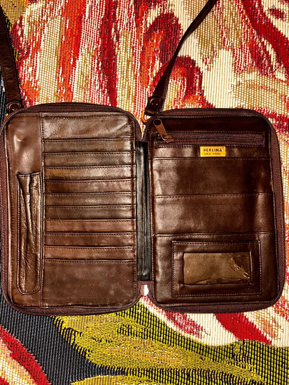 Perlina Crossbody Brown Leather Travel Organizer Wallet Muli Pocket Phone Holder